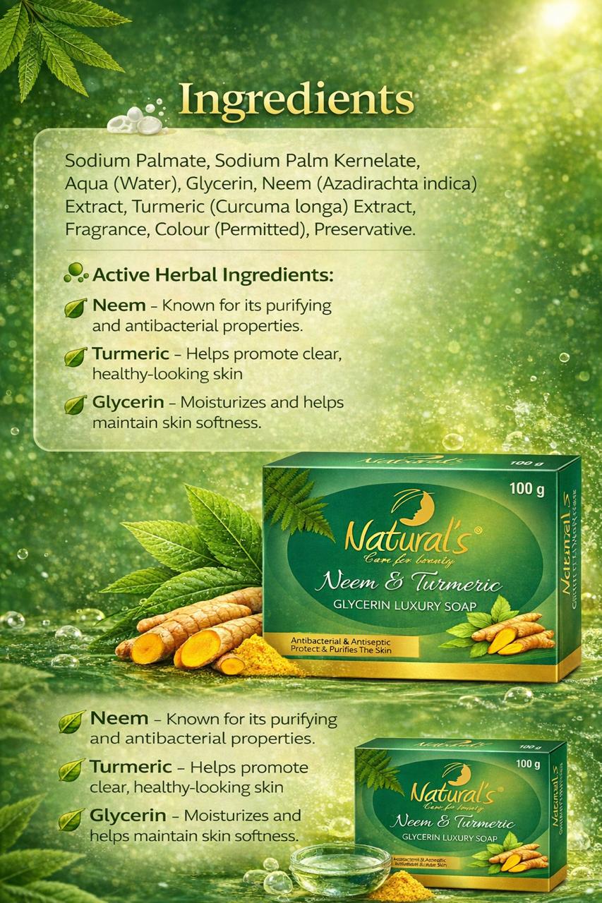 Natural's Care For Beauty Neem & Turmeric Glycerin Luxury Soap 100gm | Pack Of 4 | All Skin Type - Image 5